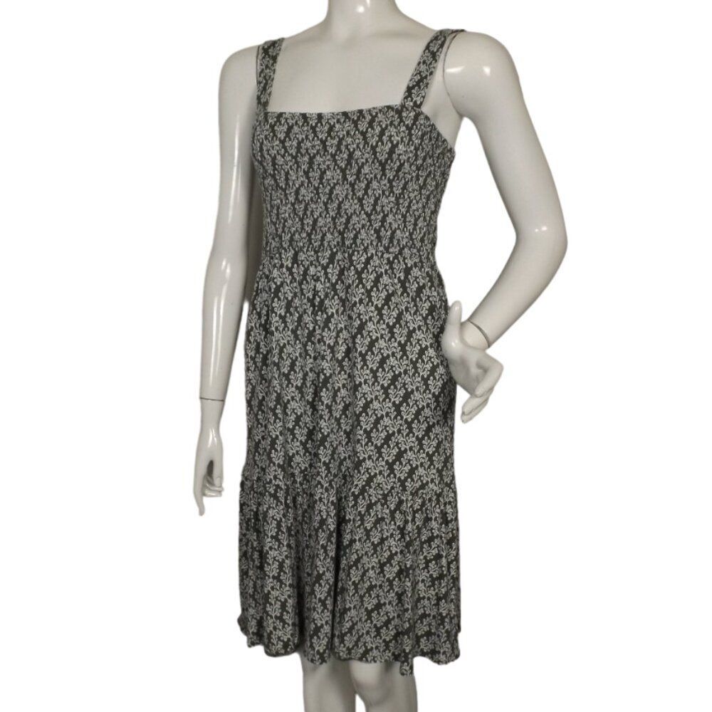 LOFT Summer Dress, S, Smocked Bodice, Straps, Green/White Ivy print,Knee length - Picture 6 of 13
